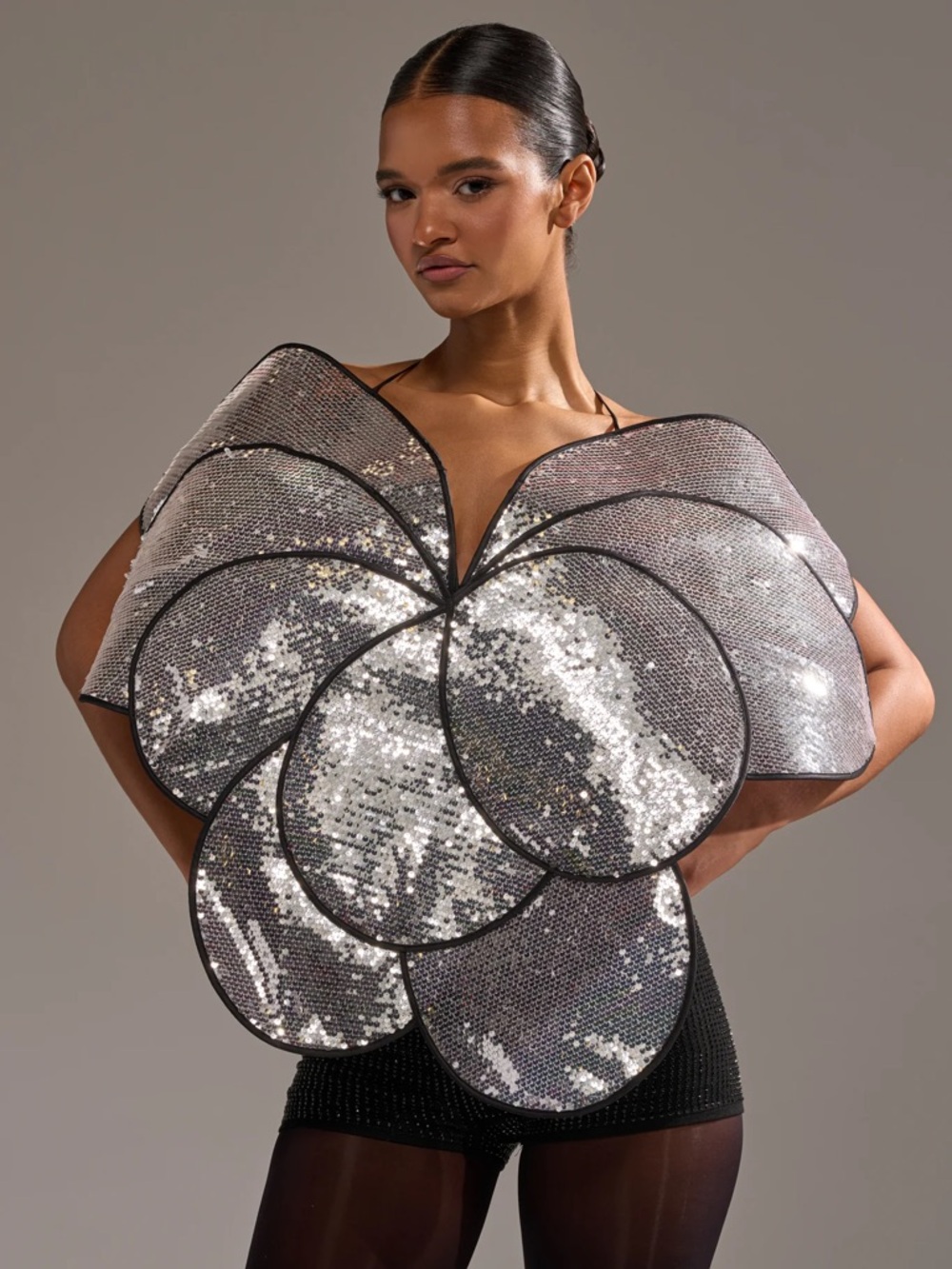 AKIRA Silver Sequin Petal Crop Top